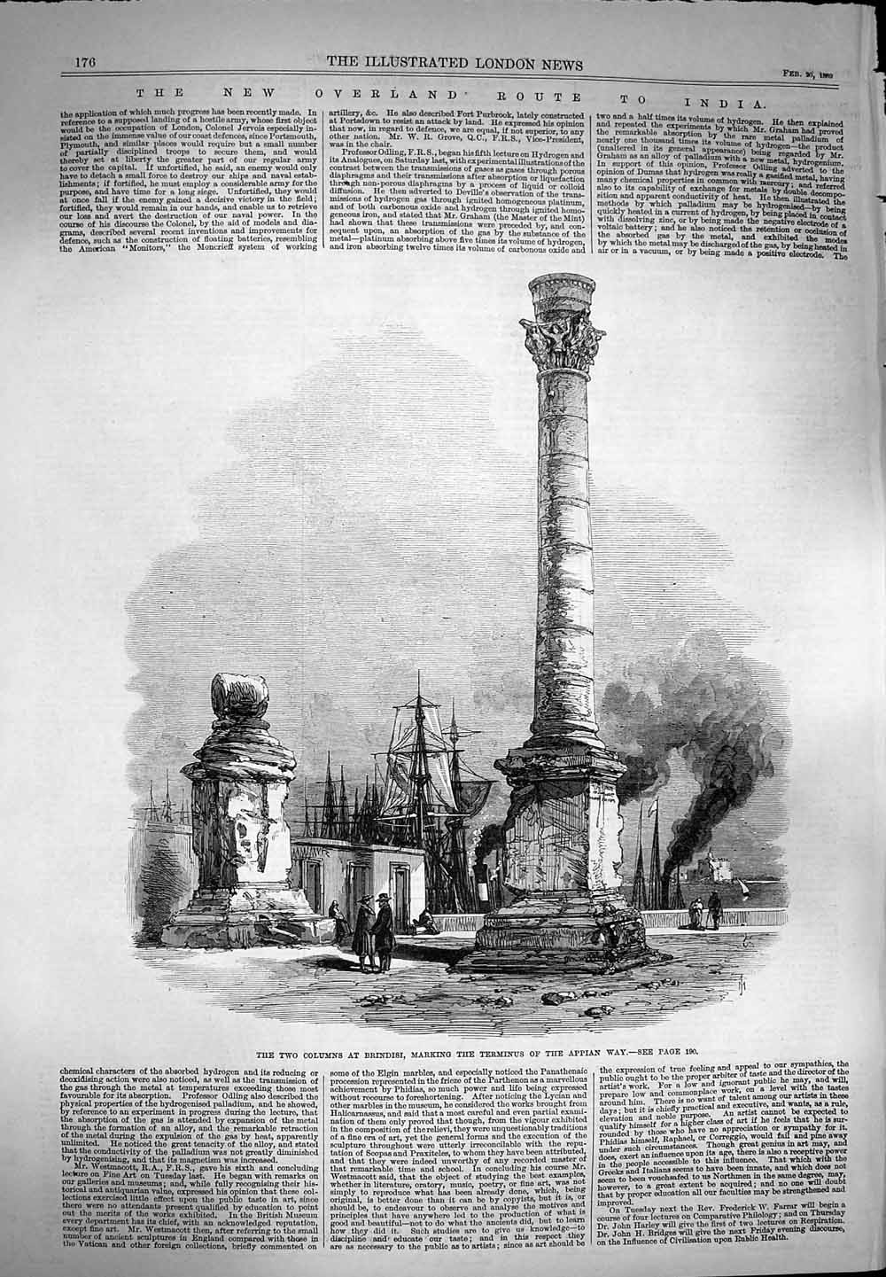Original Old Antique Print 1869 Columns Brindisi Appian India Virgil Cai 19th