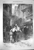 Original Old Antique Print 1869 Gallants Men Lady Window Romance Street Scene