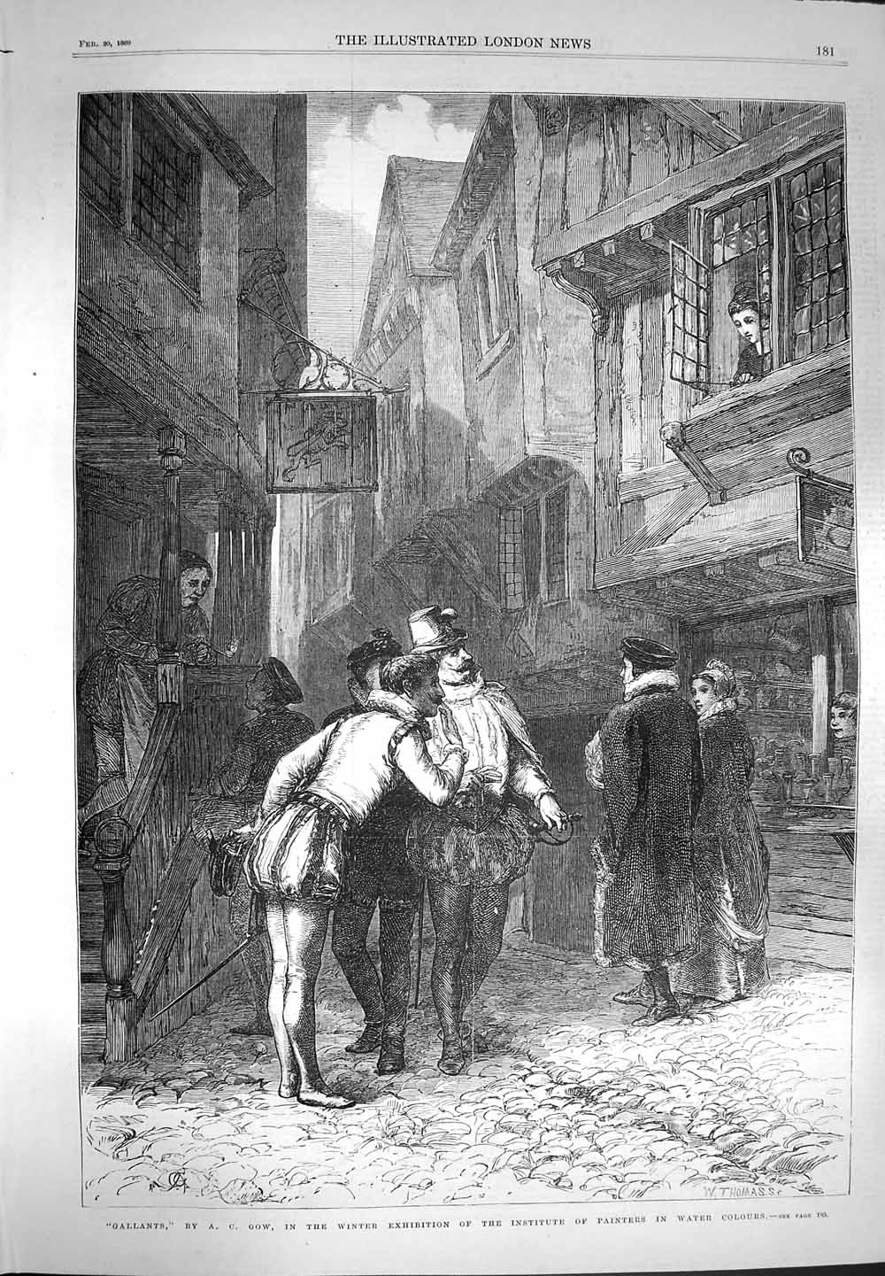 Original Old Antique Print 1869 Gallants Men Lady Window Romance Street Scene