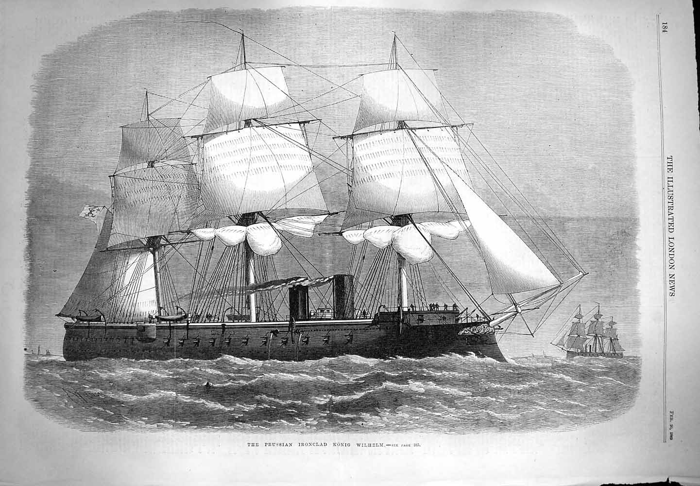 Original Old Antique Print 1869 Prussian Ironclad Ship Konig Wilhelm Victorian