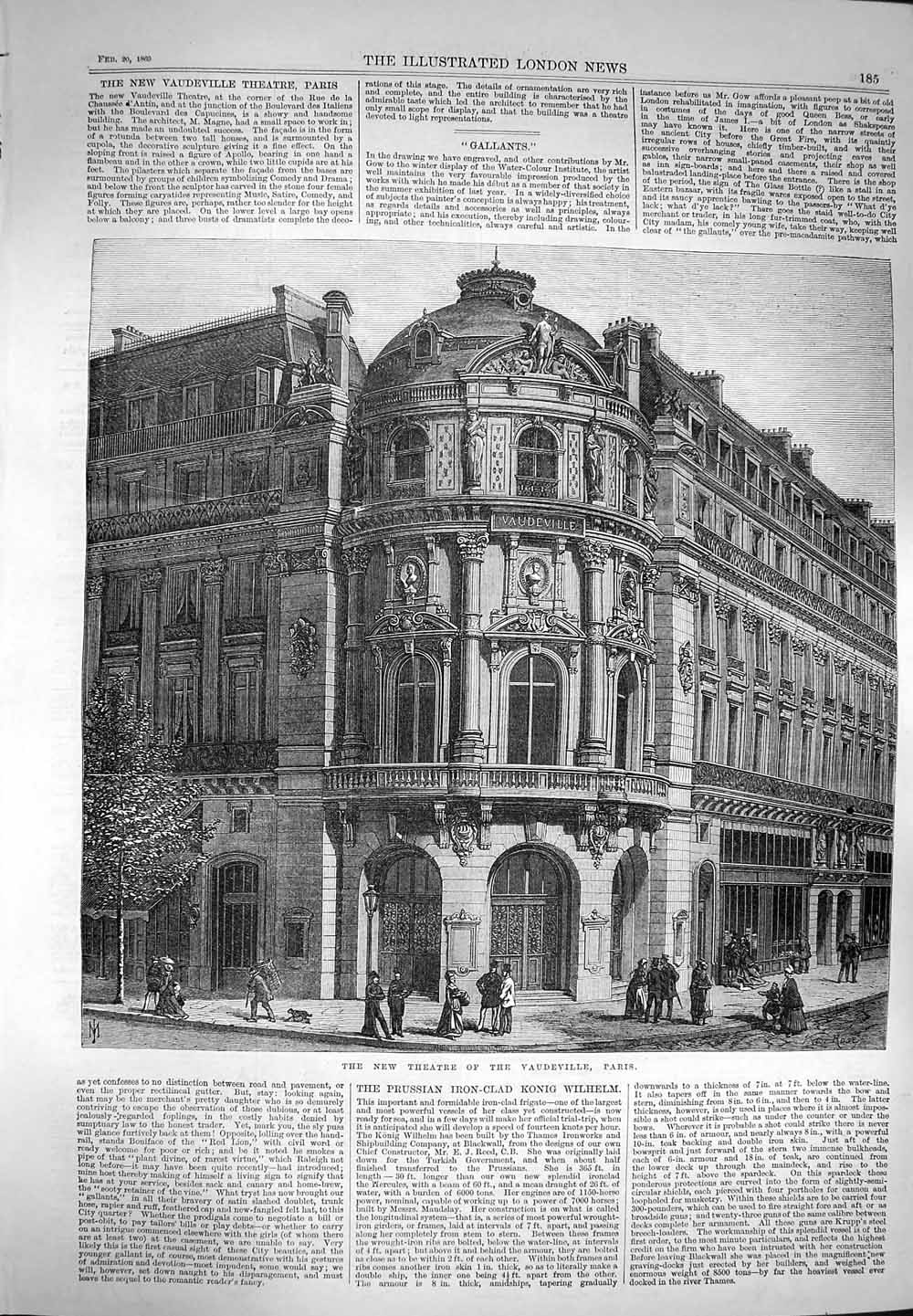 Original Old Antique Print 1869 Theatre Vaudeville Paris France Archi Victorian