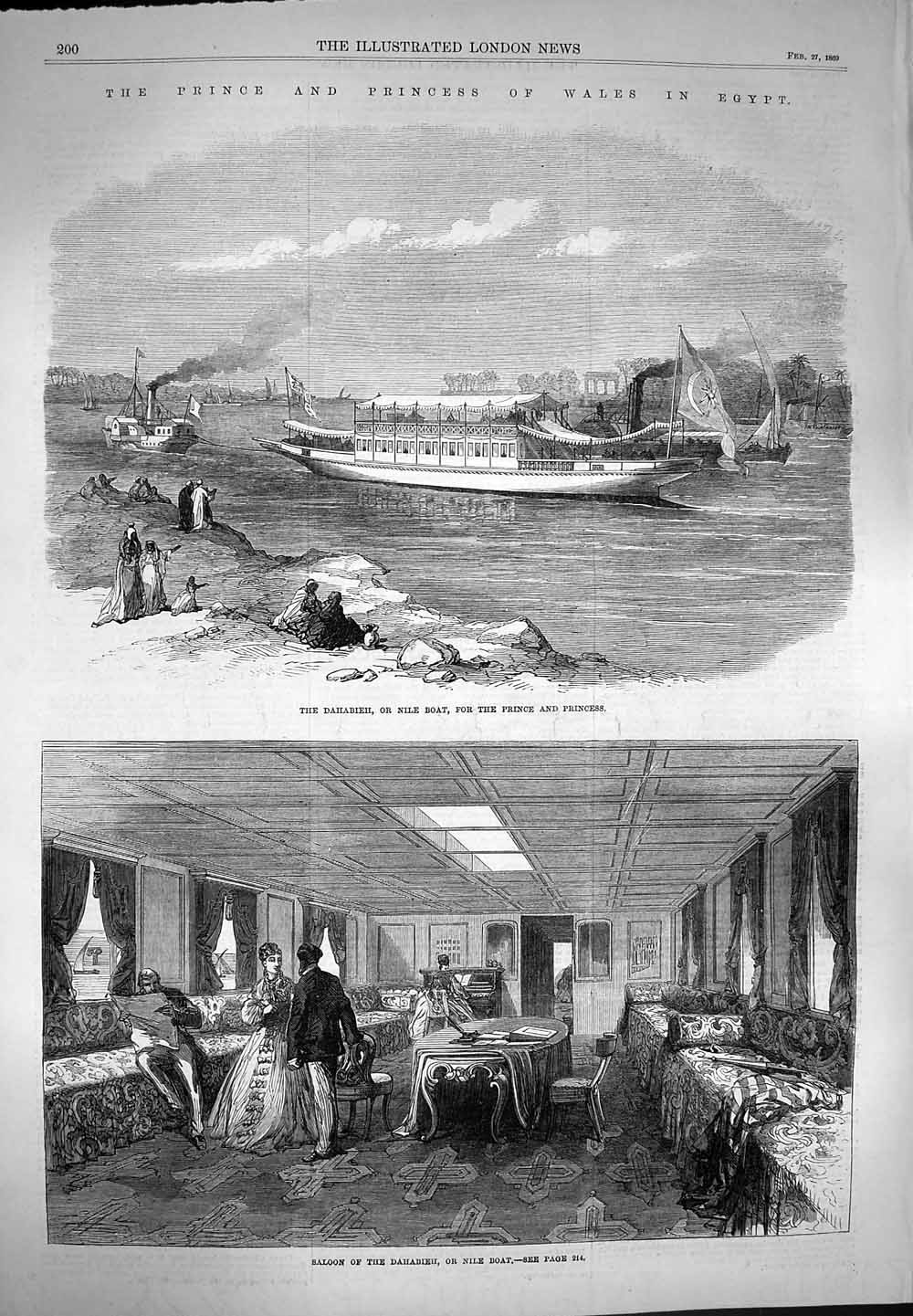 Original Old Antique Print 1869 Egypt Dahabieh Nile Boat Saloon Princ Victorian
