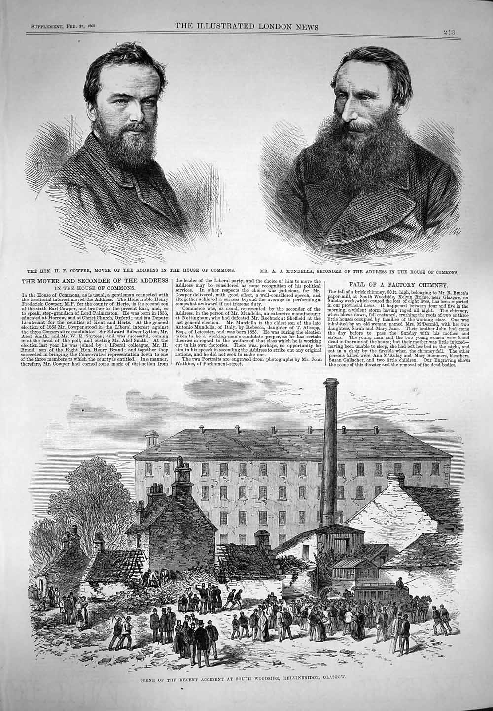 Old Antique Print 1869 Kelvinbridge Glasgow Cowper Mudella House Commons 19th