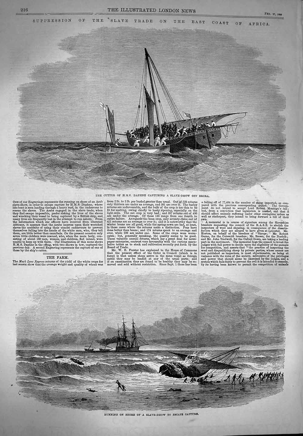 Original Old Antique Print 1869 Cutter Ship Daphne Slave-Dhow Brora Victorian