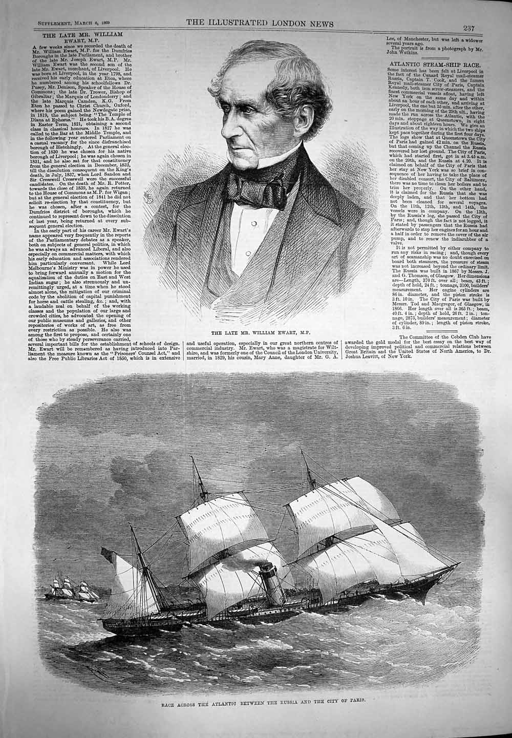 Original Old Antique Print 1869 William Ewart Ship Race Atlantic Russia Cit 19th