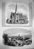 Original Old Antique Print 1869 Trinity Church Rangoon Burmah Merchant-Street
