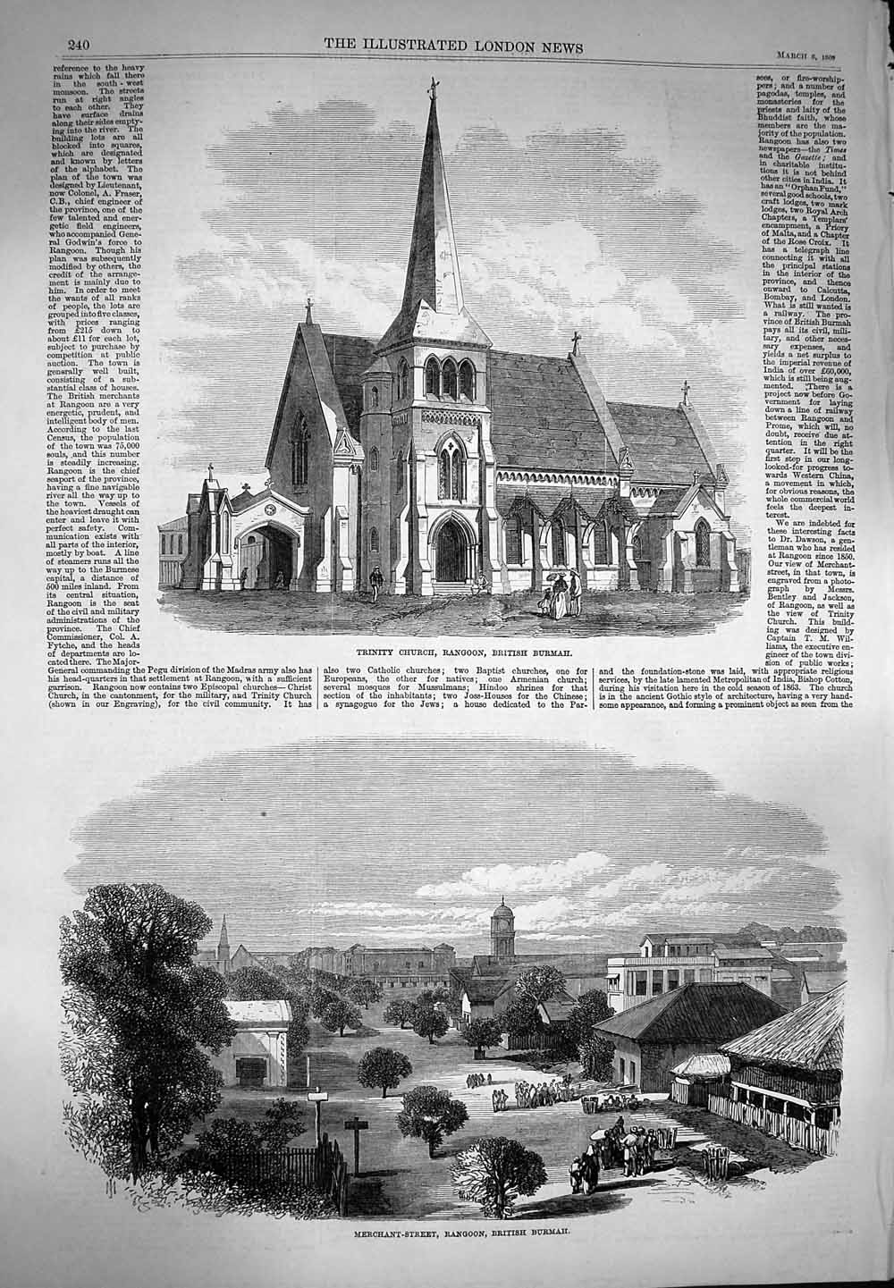 Original Old Antique Print 1869 Trinity Church Rangoon Burmah Merchant-Street