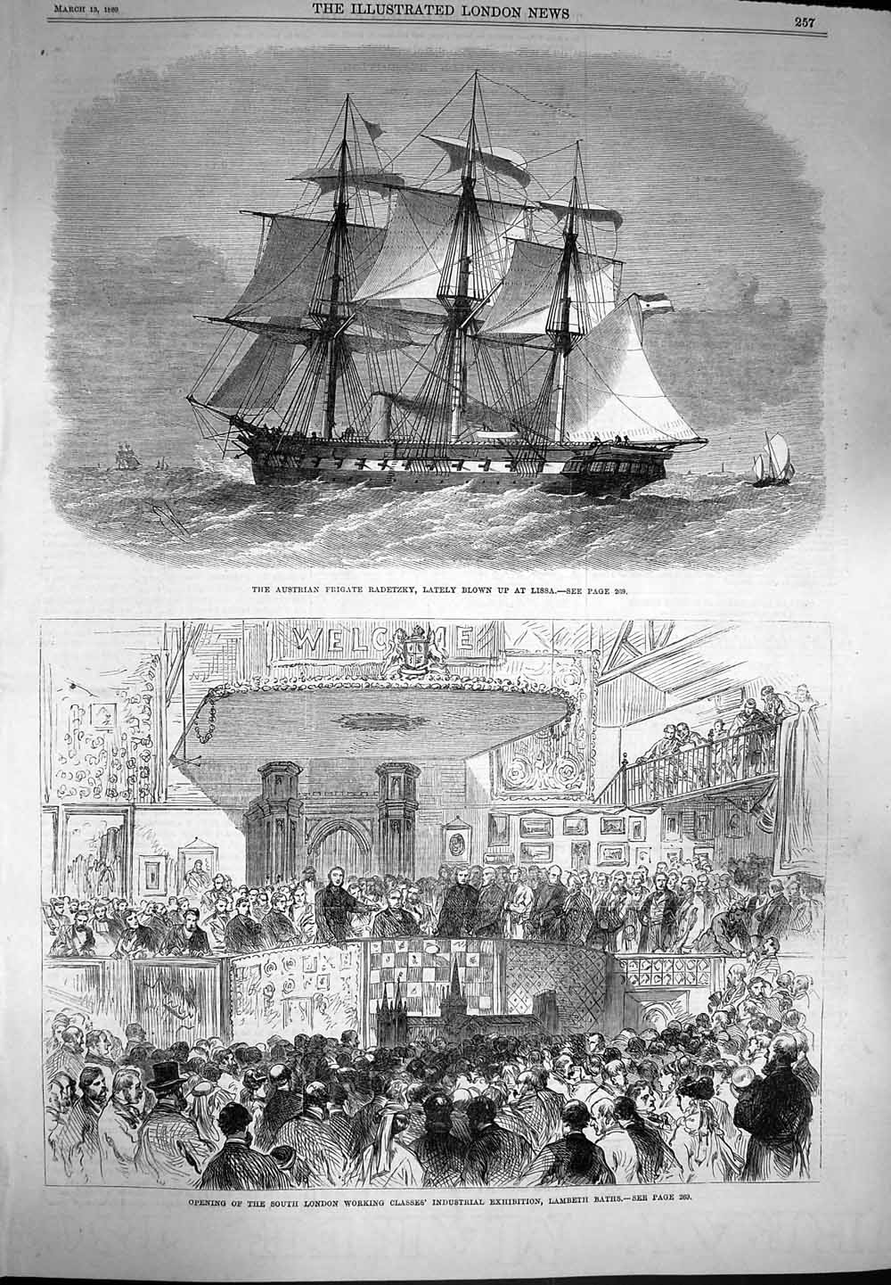 Old Antique Print 1869 Austrian Frigate Ship Radetzky Lissa Lambeth Baths 19th