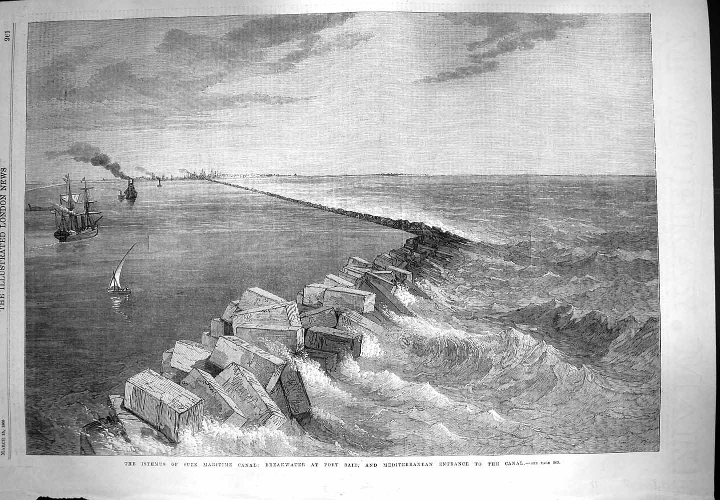 Antique Old Print *3286 1869 Isthmus Suez Maritime Canal Breakwater Port Said