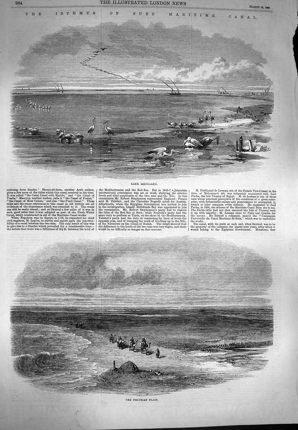 Old Antique Print 1869 Isthmus Suez Maritime Canal Lake Menzaleh Pelusian 19th
