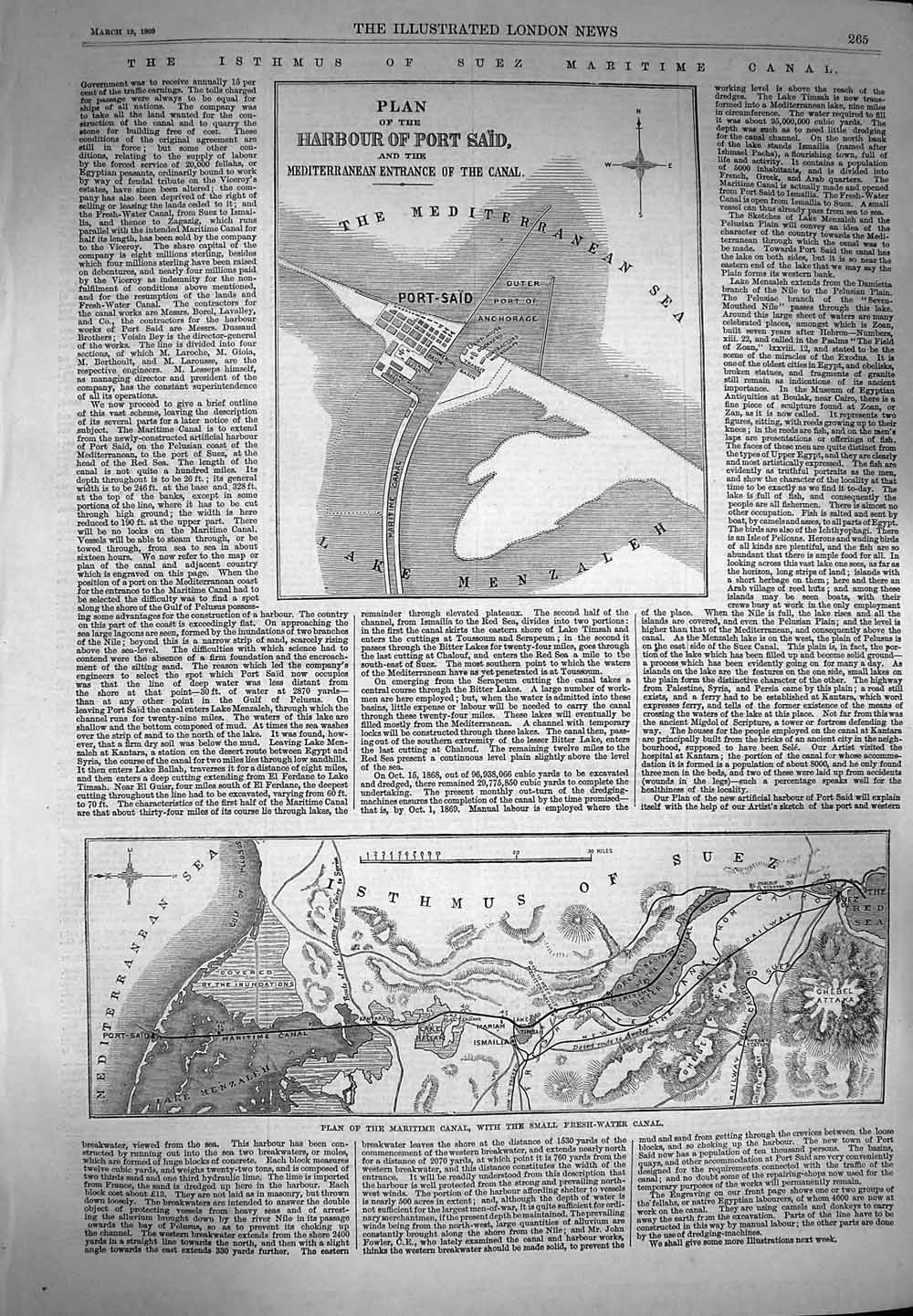 Original Old Antique Print 1869 Isthmus Suez Maritime Canal Harbour Port Said