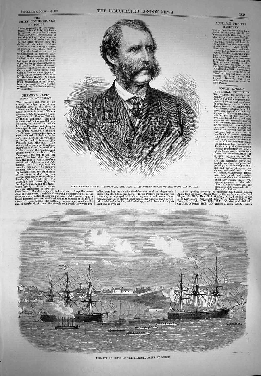 Old Antique Print 1869 Regatta Channel Ships Lisbon Henderson Police Man 19th