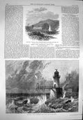 Original Old Antique Print 1869 Roman Rocks Lighthouse Cap Hope Machurda India