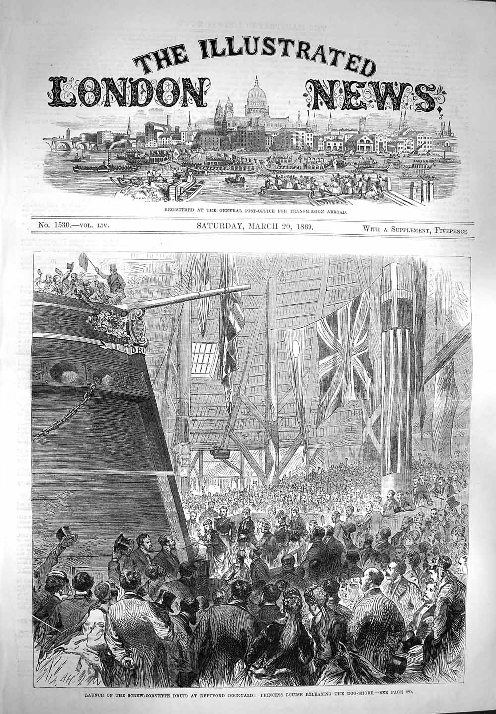 Old Antique Print 1869 Screw-Corvette Druid Deptford Dockyard Dog-Shore 19th