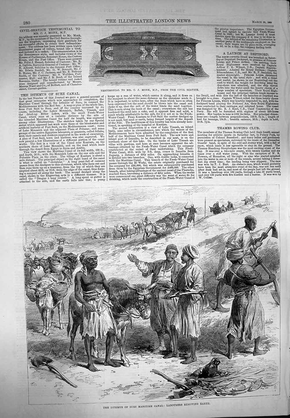 Original Old Antique Print 1869 Isthmus Suez Maritime Canal Monk Civil Service