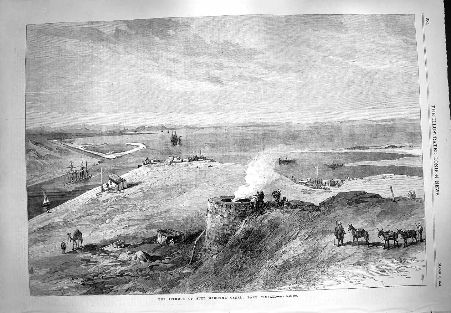 Original Old Antique Print 1869 Isthmus Suez Maritime Canal Lake Timsah Egypt