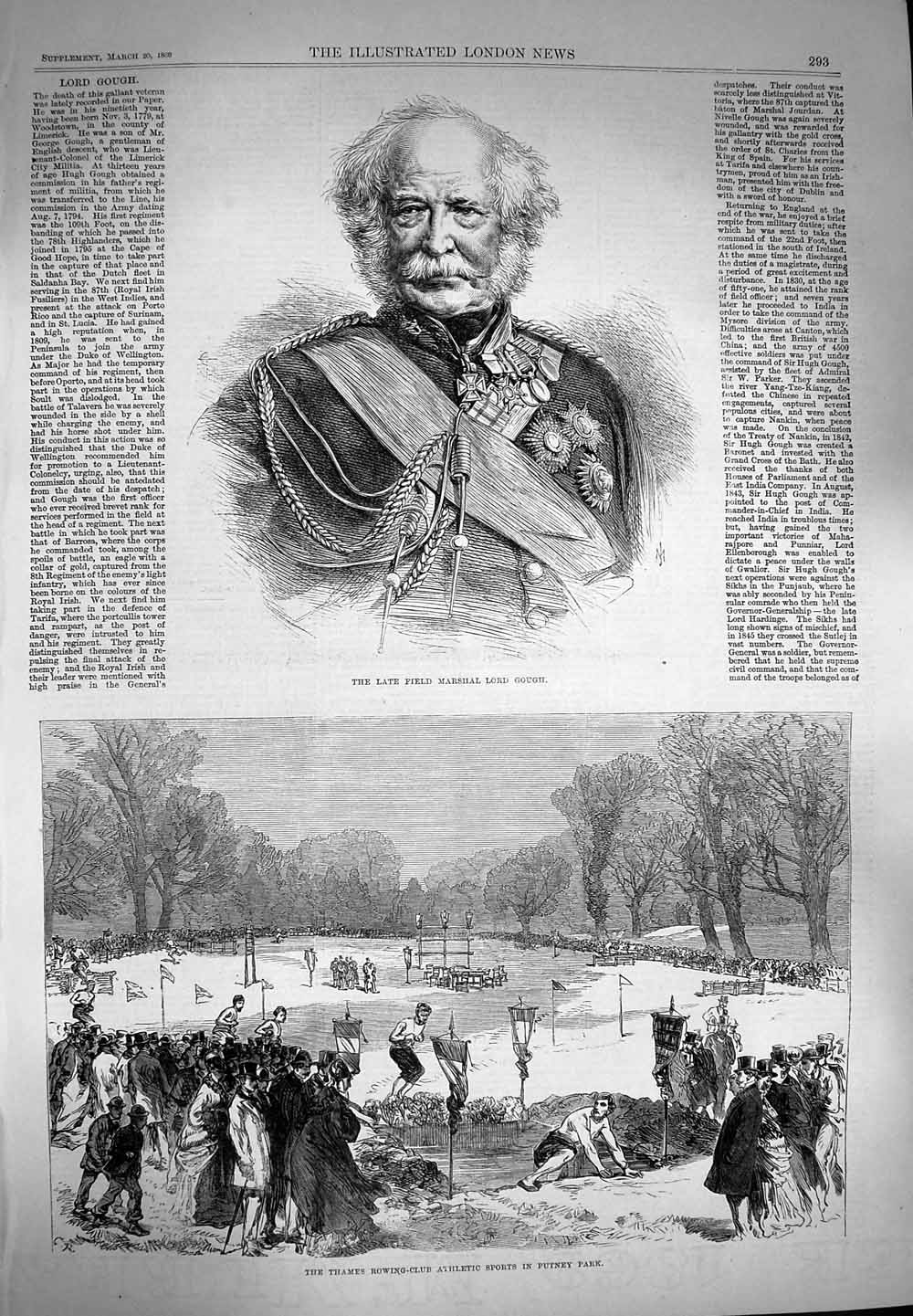 Original Old Antique Print 1869 Field Marshal Lord Gough Athletic Sports Putney