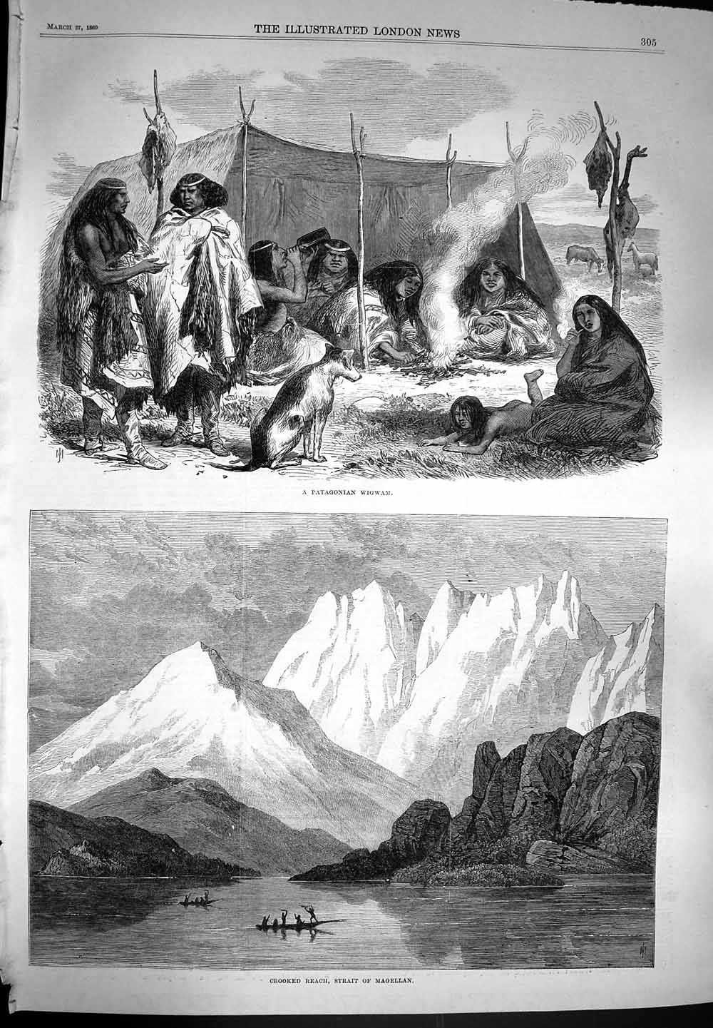 Original Old Antique Print 1869 Patagonian Wigwam Crooked Reach Strait Magellan