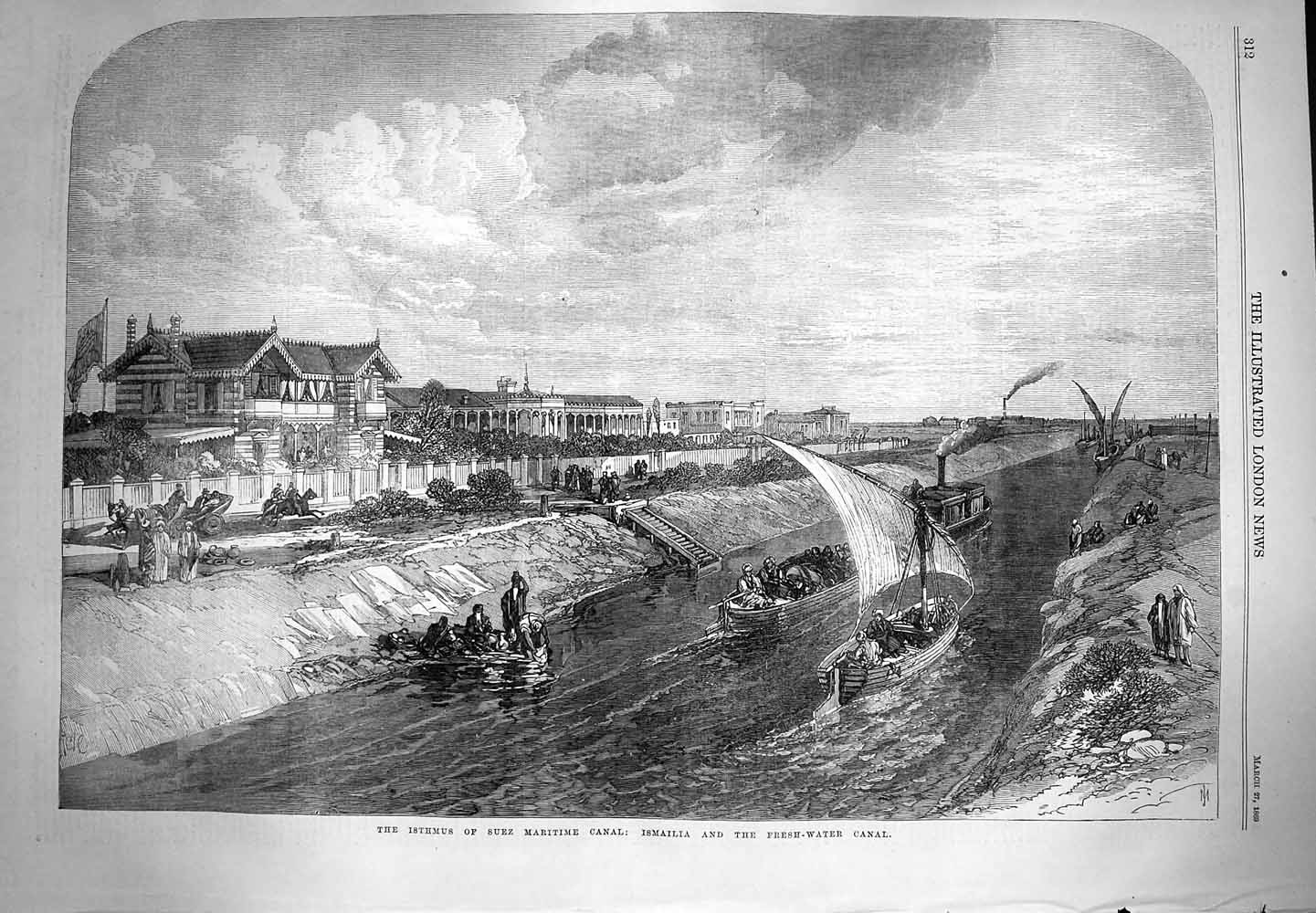 Old Antique Print 1869 Isthmus Suez Maritime Canal Ismailia Fresh-Water 19th