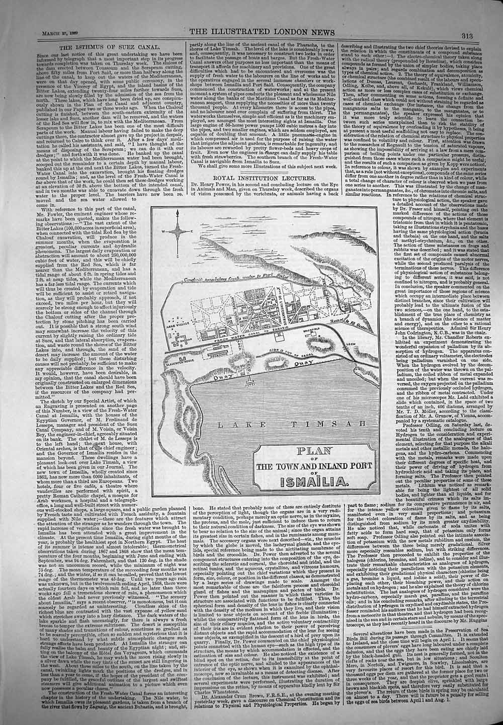 Original Old Antique Print 1869 Map Plan Town Island Port Ismailia Lake Timsah