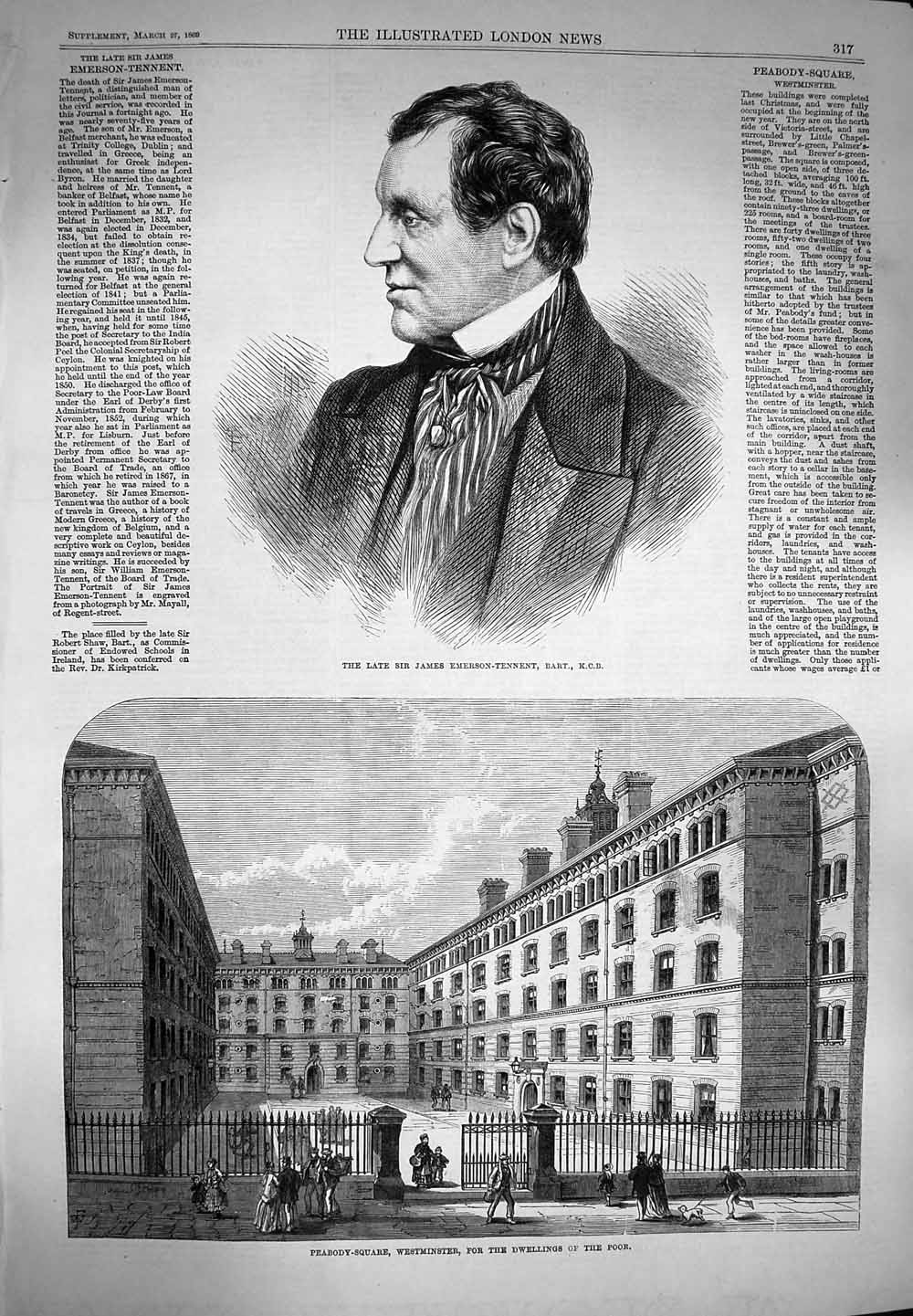 Old Antique Print 1869 James Emerson-Tennent Peabody Square Westminster 19th
