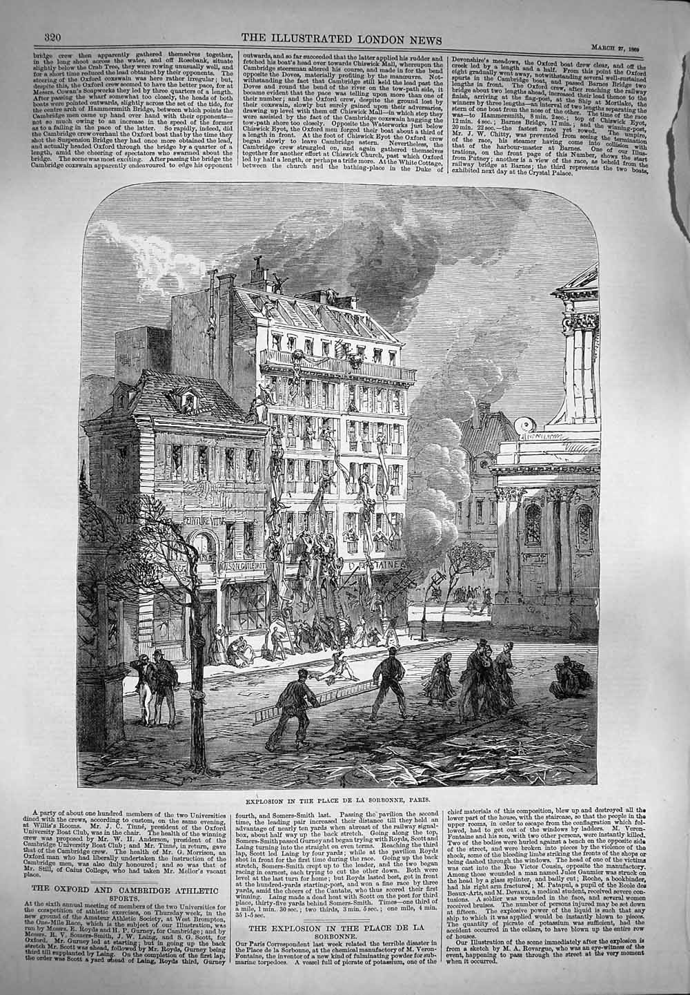 Old Antique Print 1869 Exlposion Place De La Sorbonne Paris Street Scene 19th