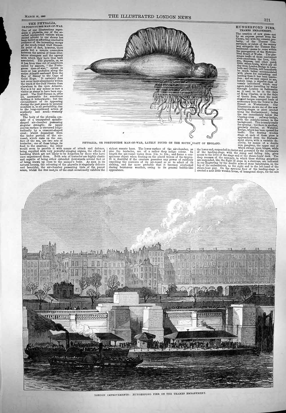 Old Antique Print 1869 Hungerford Pier Thames London Physalia Man-Of-War 19th
