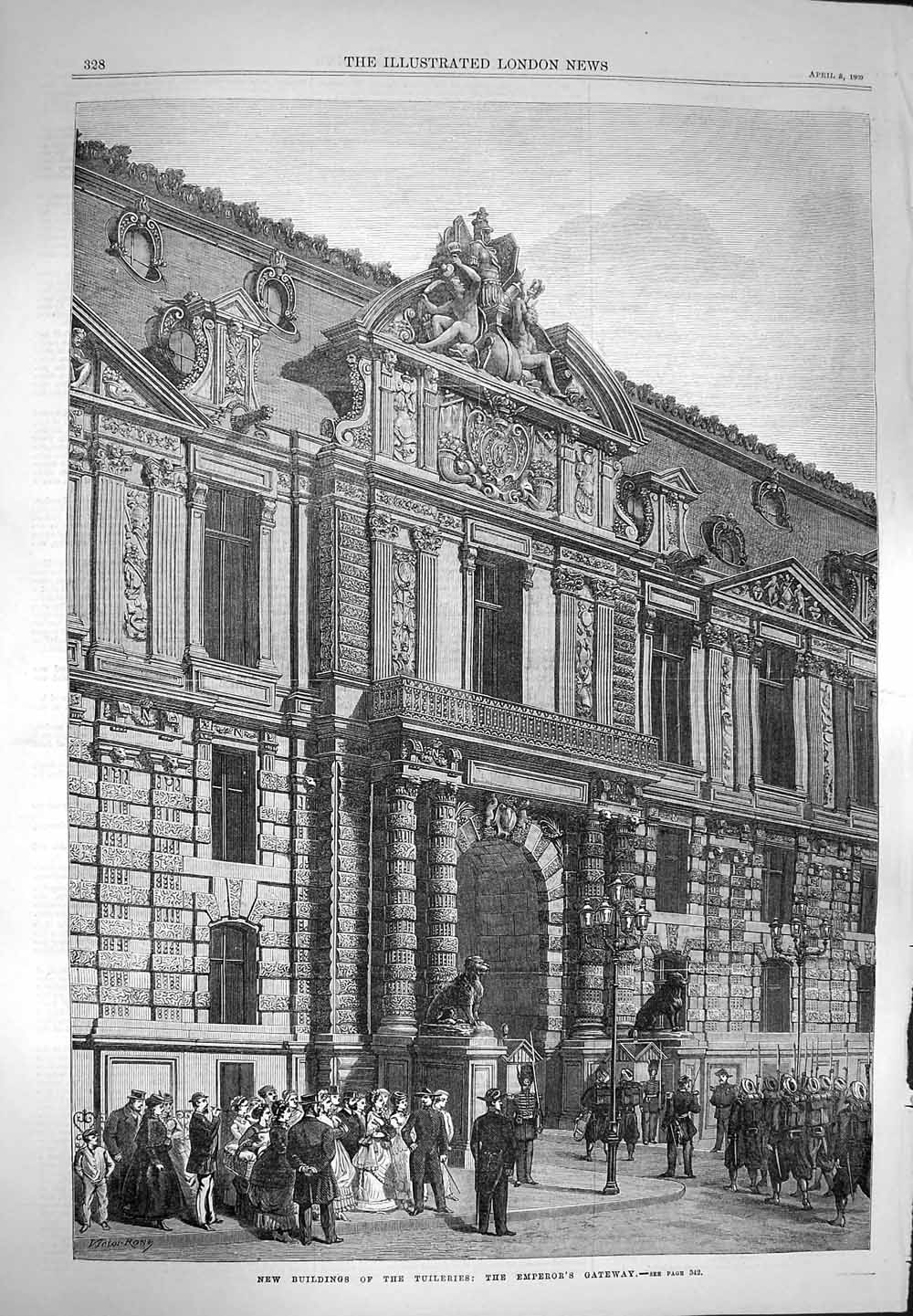 Old Antique Print 1869 Buildings Tuileries Emperor'S Gateway Architecture 19th