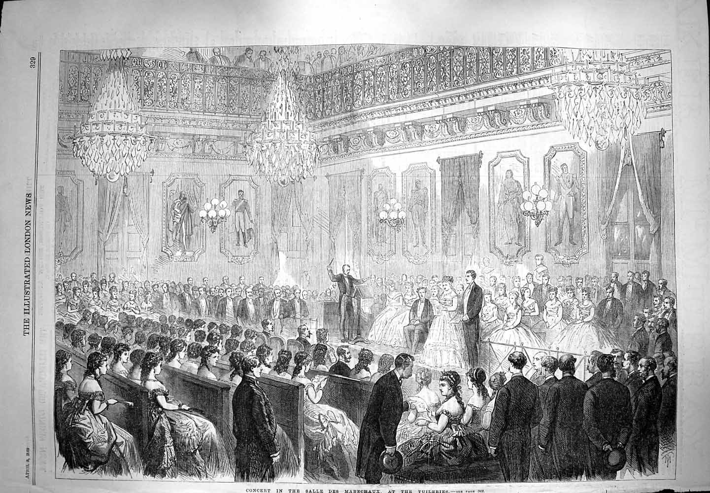 Original Old Antique Print 1869 Concert Salle Des Marechaux Tuileries France