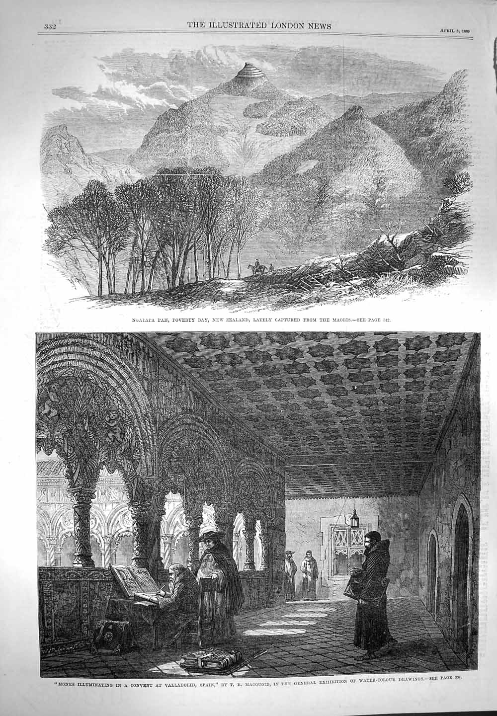 Old Antique Print 1869 Ngatapa Pah Poverty Bay New Zealand Monks Convent 19th