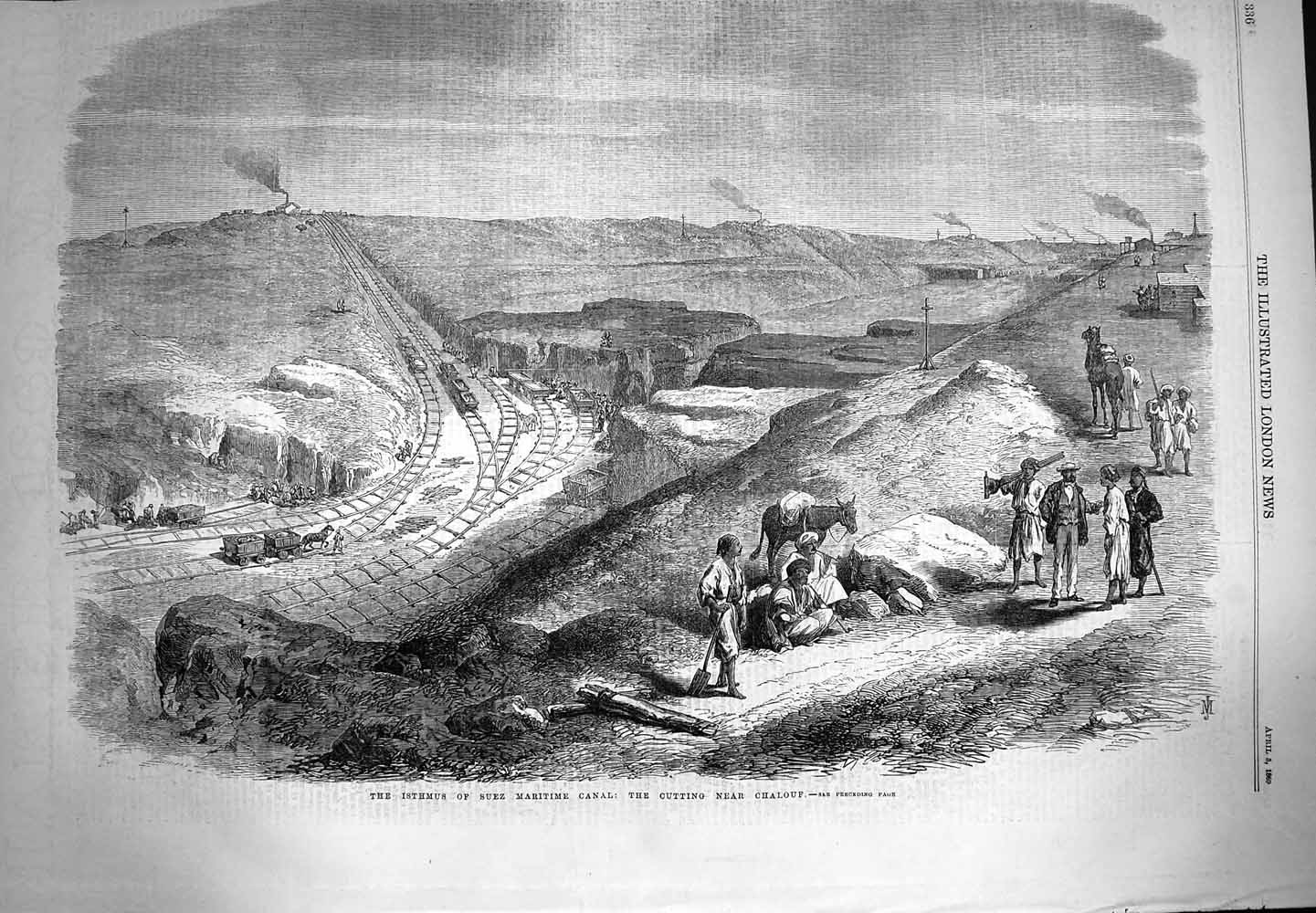Old Antique Print 1869 Isthmus Suez Maritime Canal Chalouf Railway Train 19th