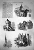 Original Old Antique Print 1869 Konigsberg Dantzic Castle Tower Rathhaus House