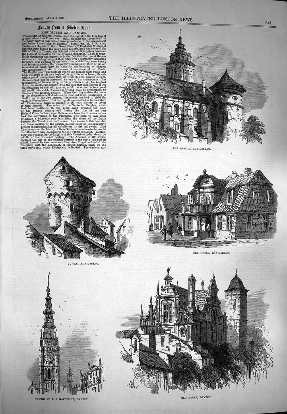 Original Old Antique Print 1869 Konigsberg Dantzic Castle Tower Rathhaus House