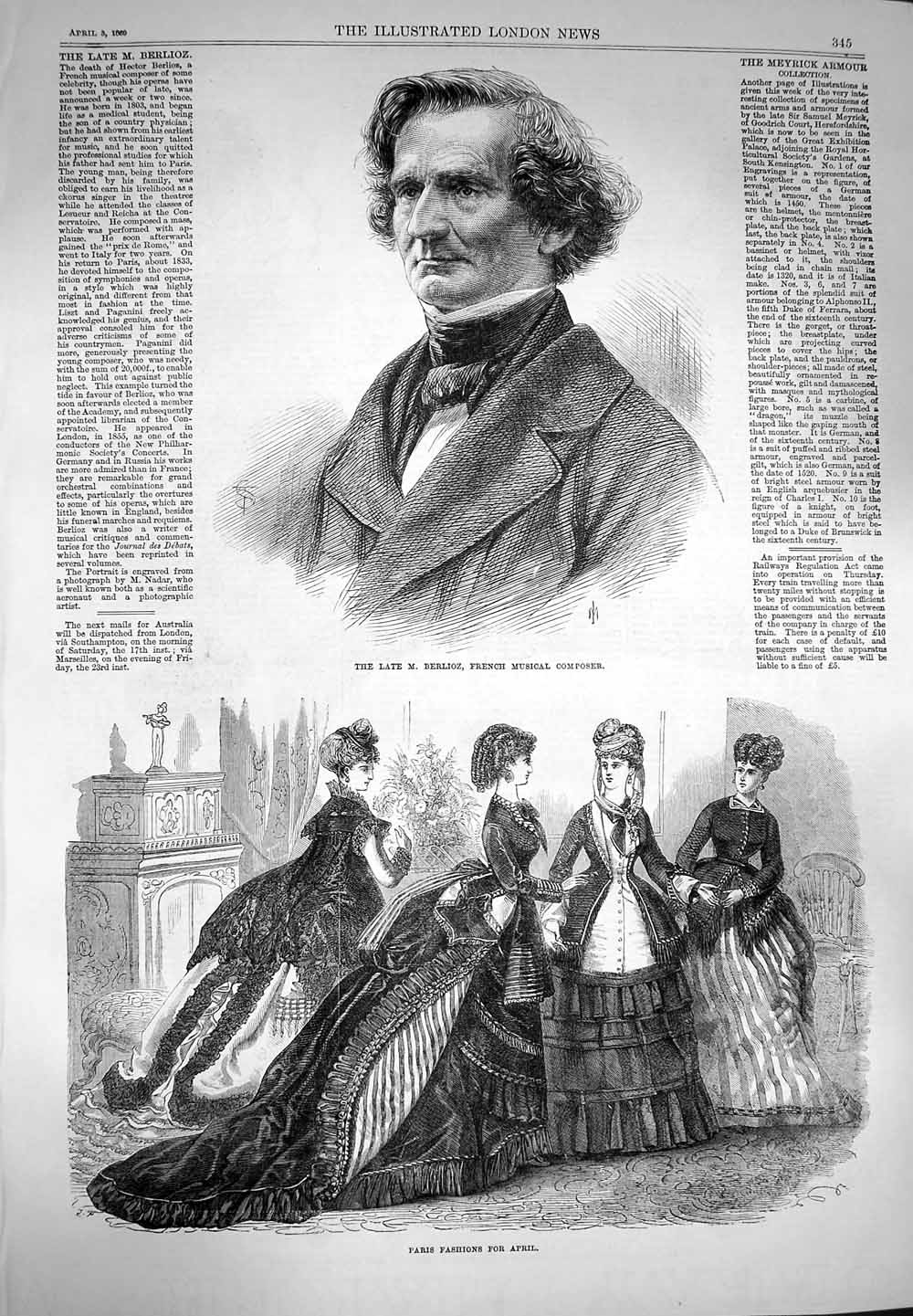 Original Old Antique Print 1869 Berlioz French Composer Paris Fashion April