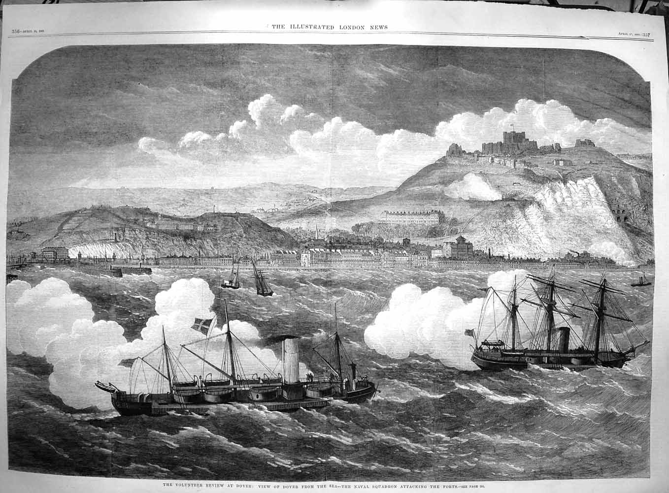 Old Antique Print 1869 Volunteer Review Dover Naval Squadron Ships Forts 19th