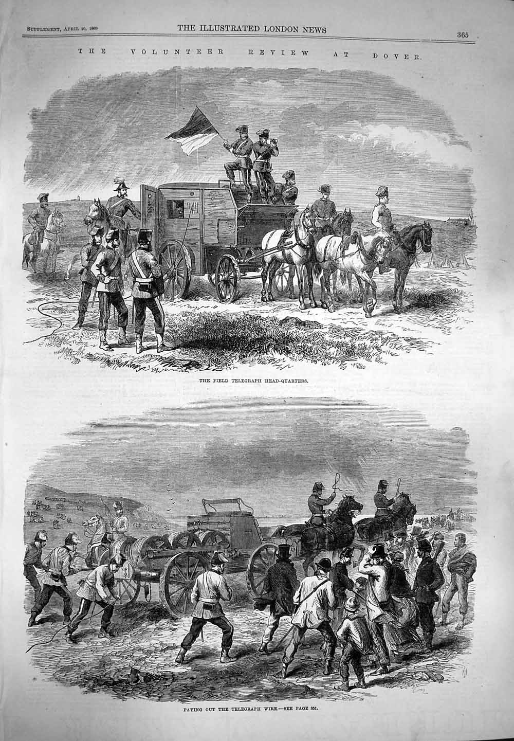 Original Old Antique Print 1869 Field Telegraph Head-Quarters Dover Volunteers
