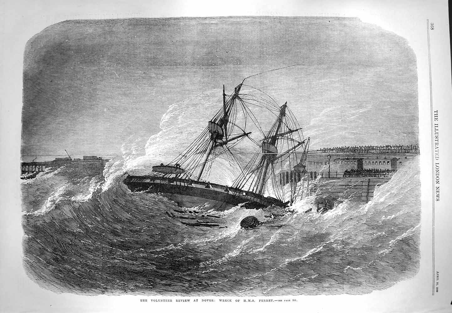 Original Old Antique Print 1869 Volunteer Review Dover Ship Wreck Ferret Sea