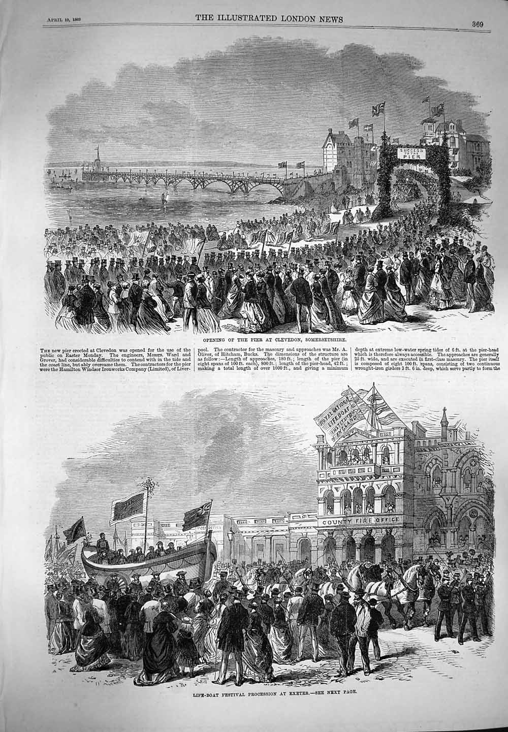 Original Old Antique Print 1869 Pier Clevedon Somersetshire Life-Boat Victorian
