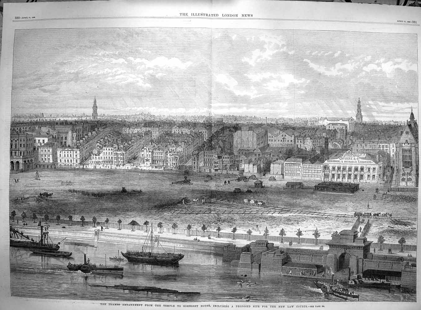 Antique Old Print 1869 Thames Embankment Temple Somerset House Law Courts 19th