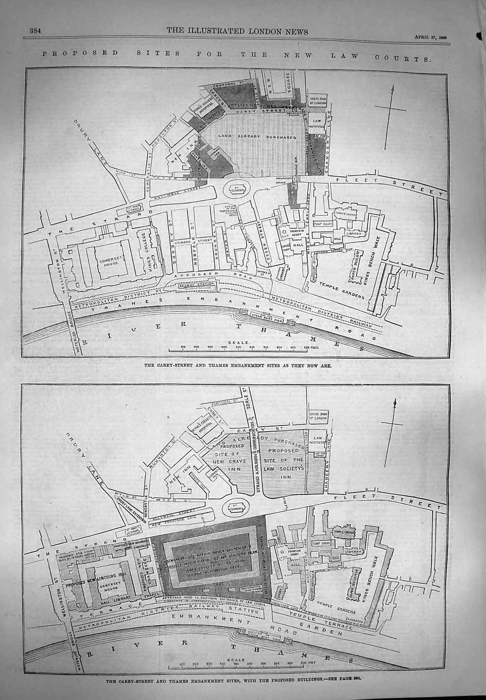 Original Old Antique Print 1869 Carey Street Thames Embankment Law Courts Plan
