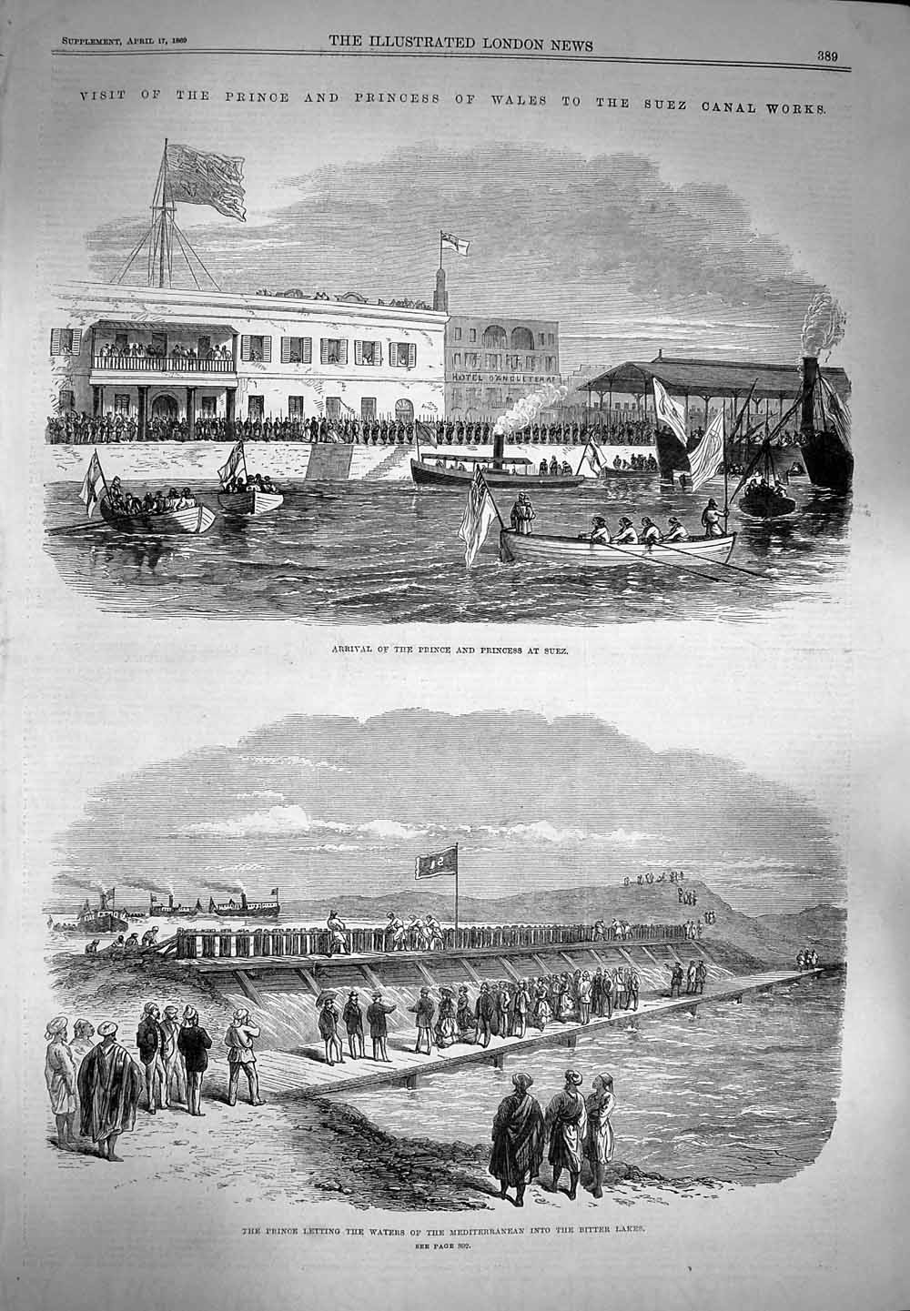 Old Antique Print 1869 Prince Wales Suez Waters Mediterranean Bitter Lake 19th
