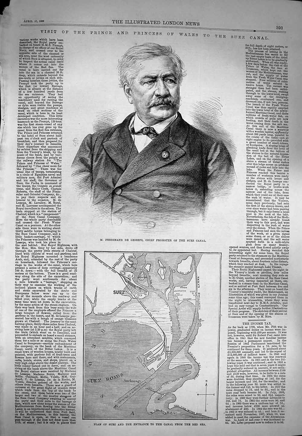 Original Old Antique Print 1869 Ferdinand Suez Canal Plan Red Sea Street Bazaar