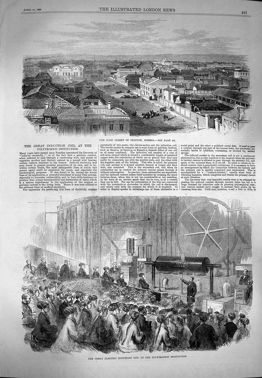 Original Old Antique Print 1869 Street Irkutsk Siberia Electric Induction Coil