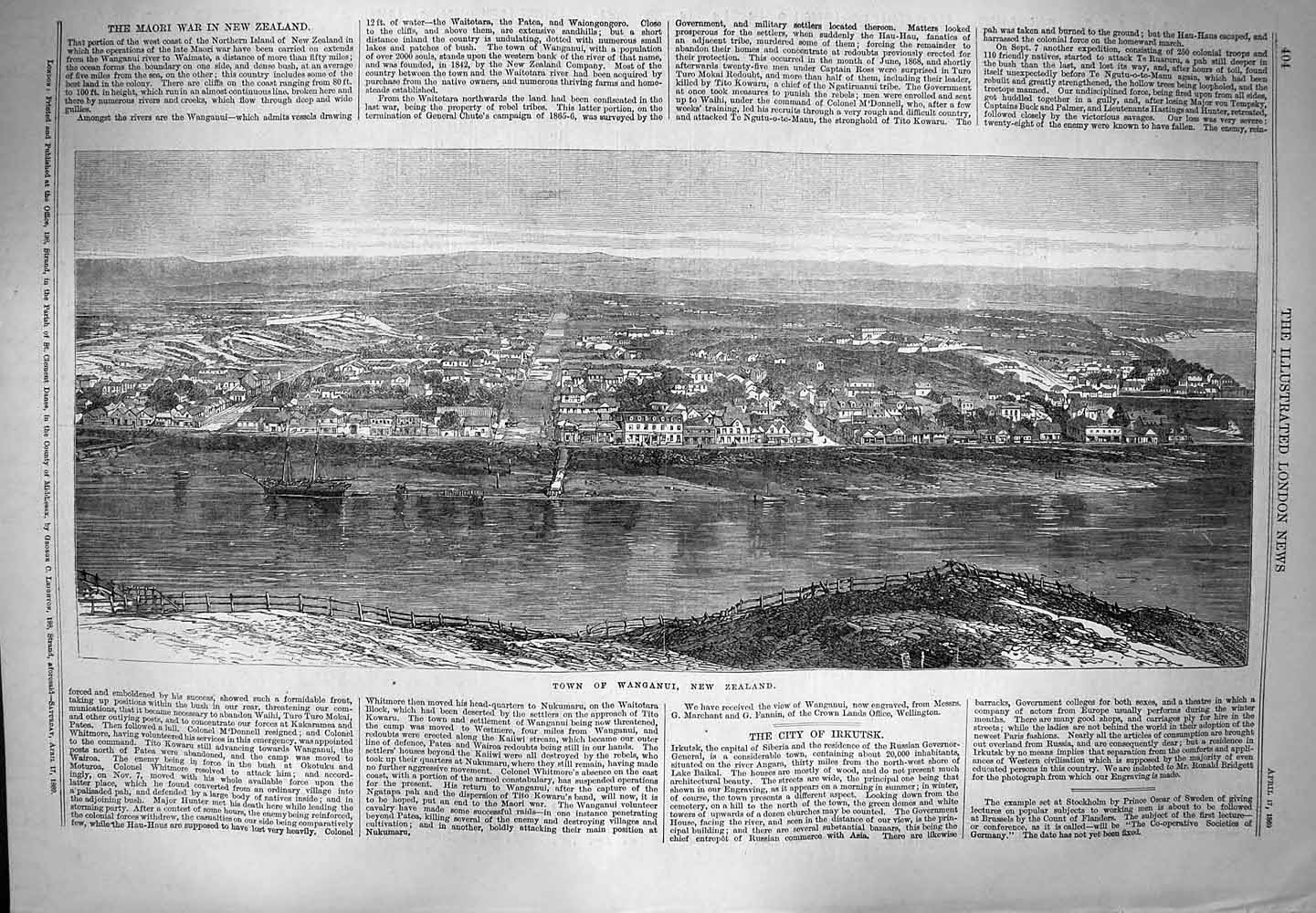 Original Old Antique Print 1869 View Town Wanganui New Zealand Riv Victorian