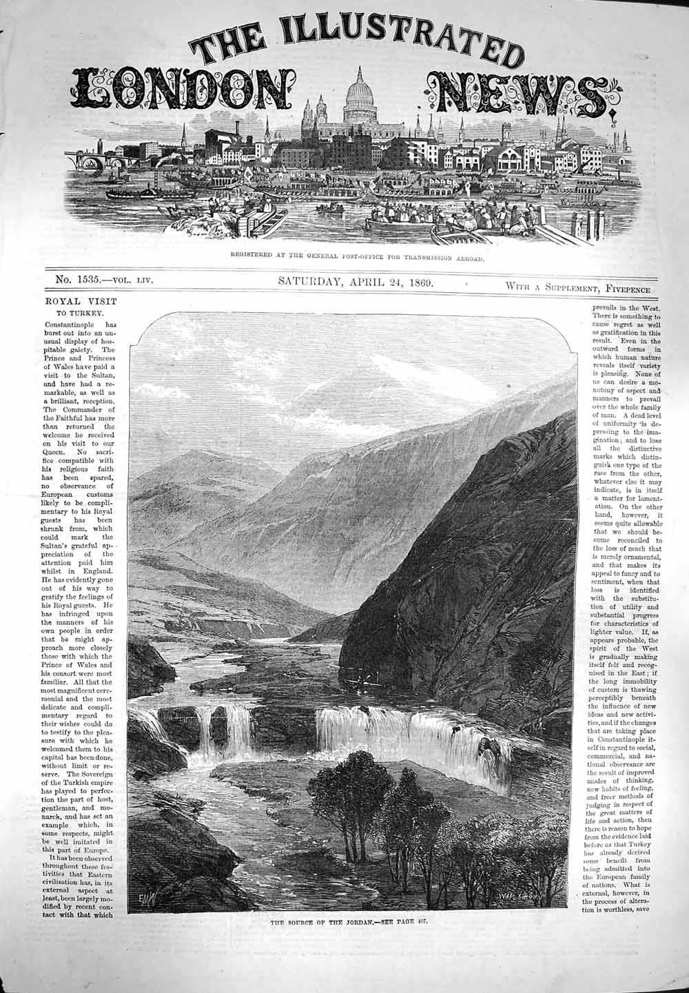 Old Antique Print 1869 Source River Jordan Water-Falls Mountains Fine Art 19th
