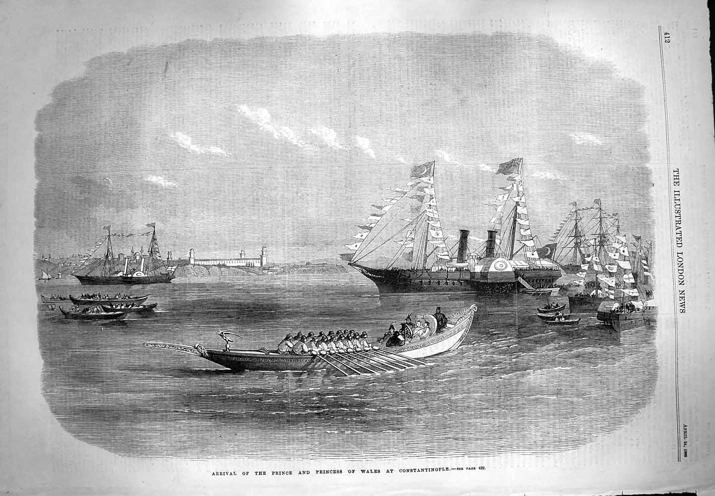 Original Old Antique Print 1869 Prince Wales Ships Boat Arrival Constantinople