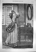 Original Old Antique Print 1869 Drawing Beautiful Lady Woman Mirror Luxmore
