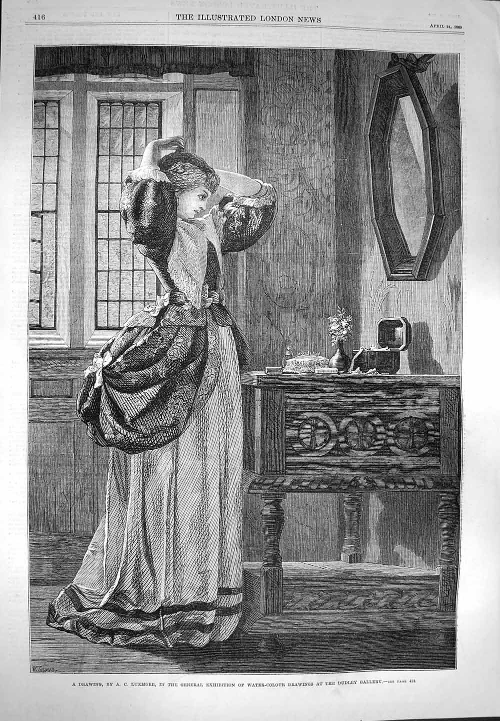 Original Old Antique Print 1869 Drawing Beautiful Lady Woman Mirror Luxmore
