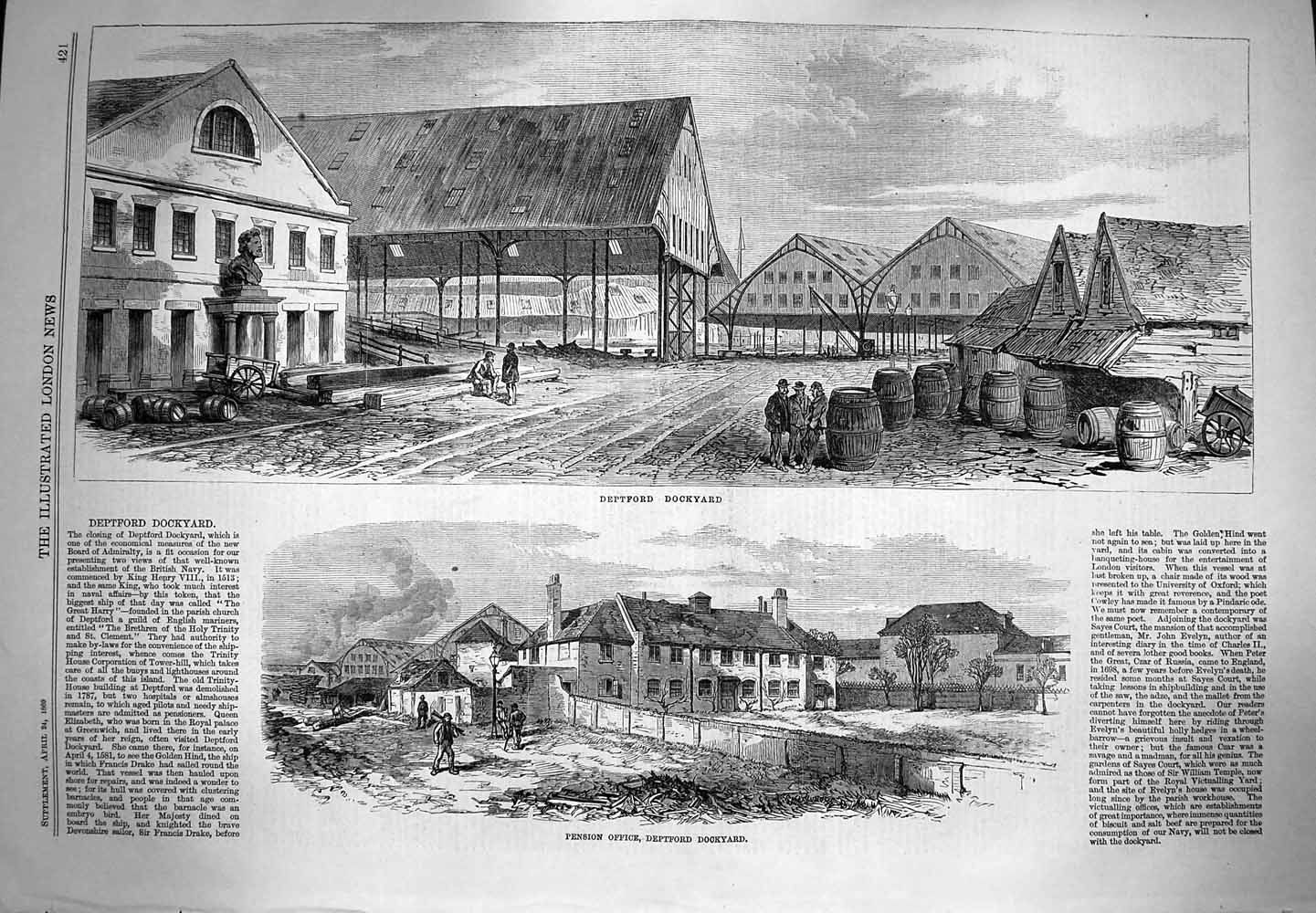 Original Old Antique Print 1869 Deptford Dockyard Pension 19th Century