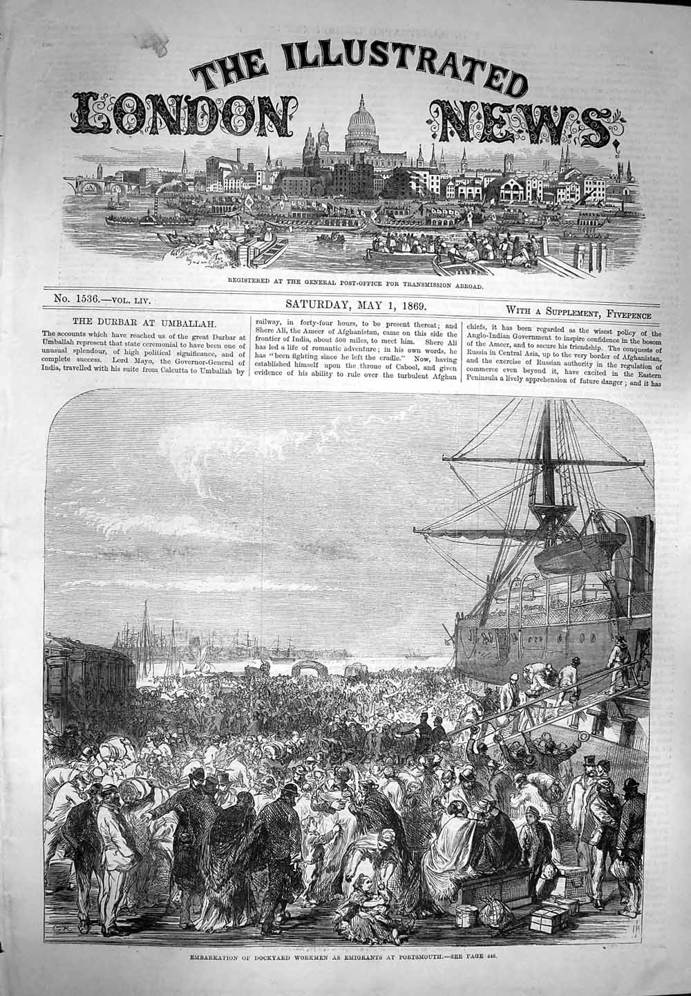 Original Old Antique Print 1869 Ships Dockyard Workmen Emigrants Portsmouth